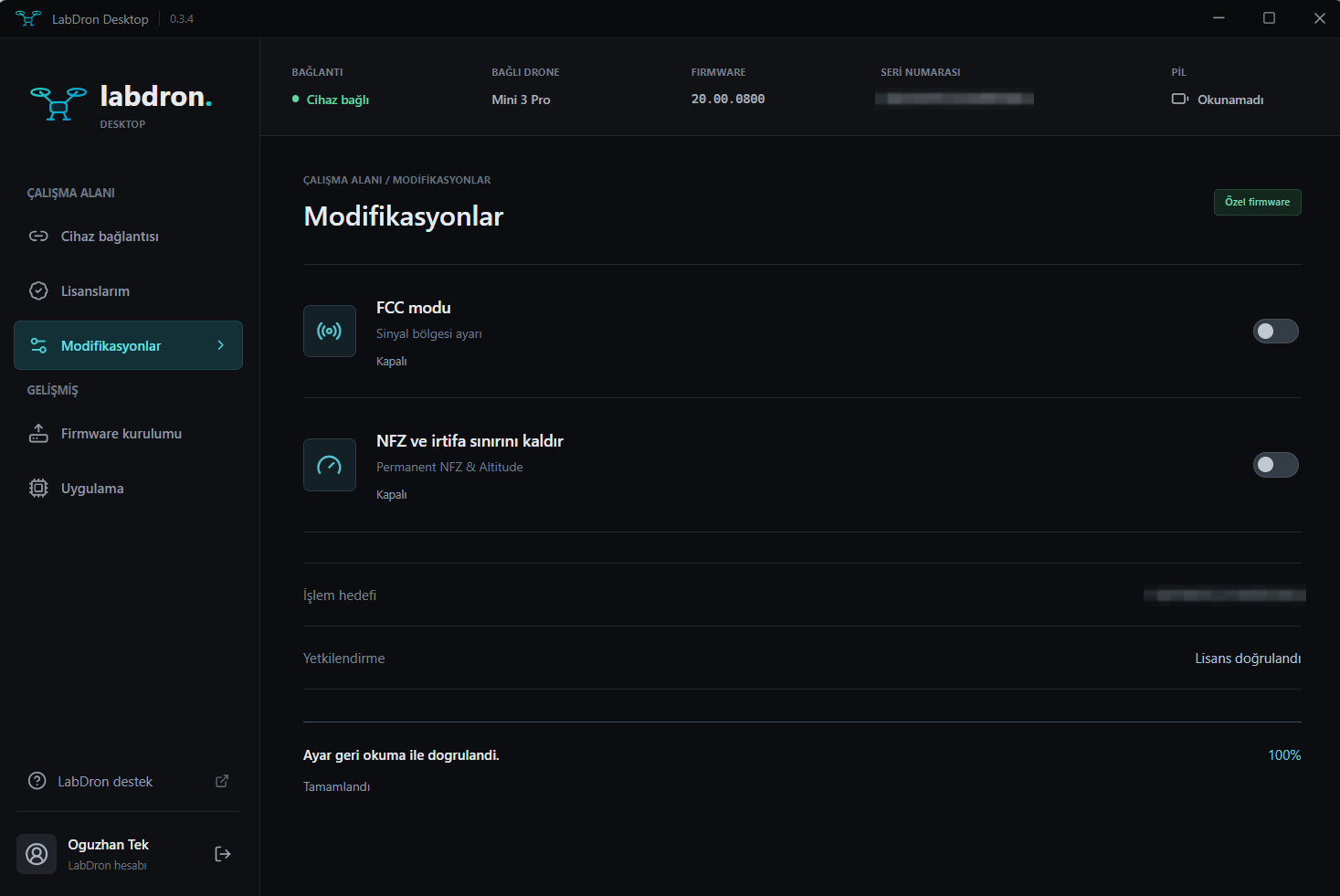 LabDron PC — Modifications screen: FCC mode and NFZ / altitude switches